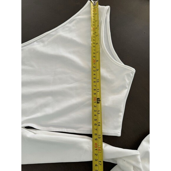 One Shoulder Side Tie Waist Crop Top WHITE SOLID ELASTIC SIZE XL - Picture 6 of 11